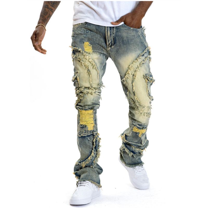 Men's Ripped Stacked Distressed Slim Fit Thin Straight Leg Jeans Fashion Hip Hop Denim Pants Casual Streetwear_mkmklike.com