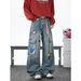 Unisex Vintage Washed Cargo Jeans With Embroidered Checkerboard Tie & Multi-Pockets, Loose Straight Leg Baggy Denim Pants For Men And Women_mkmklike.com