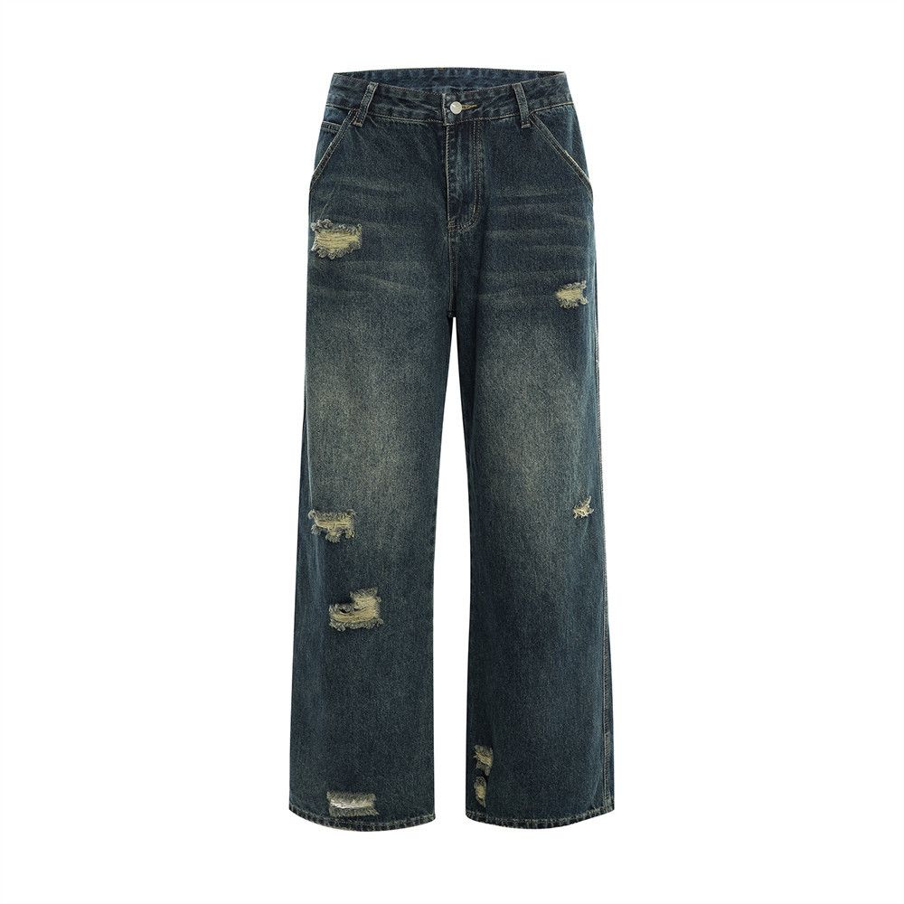 Washed Distressed Cargo Jeans Straight-Leg Men's Street Style American Long Vibe Loose Casual Wide-Leg Dad Pants_mkmklike.com