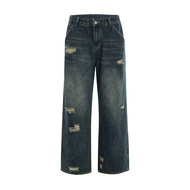 Washed Distressed Cargo Jeans Straight-Leg Men's Street Style American Long Vibe Loose Casual Wide-Leg Dad Pants_mkmklike.com
