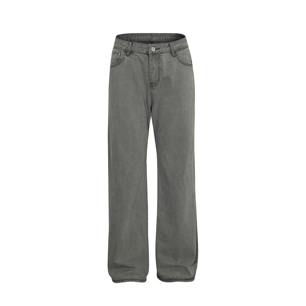 Washed Vintage Denim Men's Basic Versatile Loose Casual Straight Street Style American Wide-Leg Pants_mkmklike.com