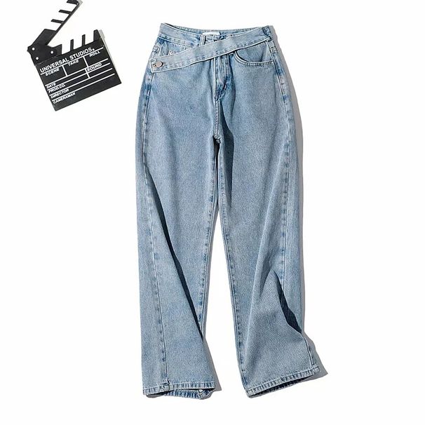 Hot Girl Summer New Fashion Oblique Belt Loose Slim High Waist Wide Leg Straight Jeans Women's Trousers Trend_mkmklike.com
