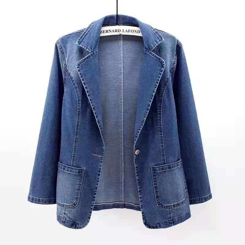 New spring and autumn denim jacket for women, slim fit, suit collar, solid color cardigan, one button top, trendy_mkmklike.com