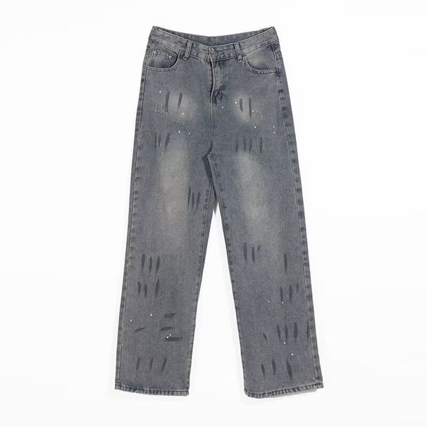Men's Trendy High-End Washed Straight Leg Jeans Retro Splatter Paint Whiskered Scimitar Denim_mkmklike.com