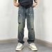Men's Distressed Straight Leg Jeans, Lightweight Loose Fit Vintage Washed Denim Pants For Casual Street Style_mkmklike.com