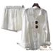 Women's Clothing White shirt linen suit loose large size cotton and linen shorts high-end texture long-sleeved shirt two-piece suit_mkmklike.com