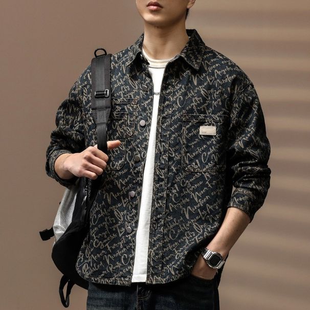 Loom European American High-End Jacquard Craft Denim Men, Spring And Autumn Vintage Washed Distressed Turn-Down Collar Casual_mkmklike.com