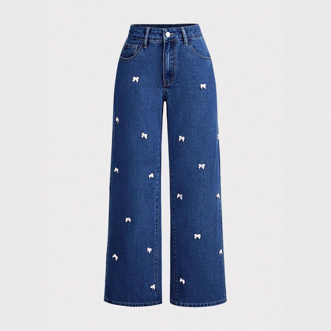 Y2K High-Waisted Wide-Leg Jeans – Vintage Washed Denim With Bow Detail (Light Blue/Deep Blue/Royal Blue)_mkmklike.com