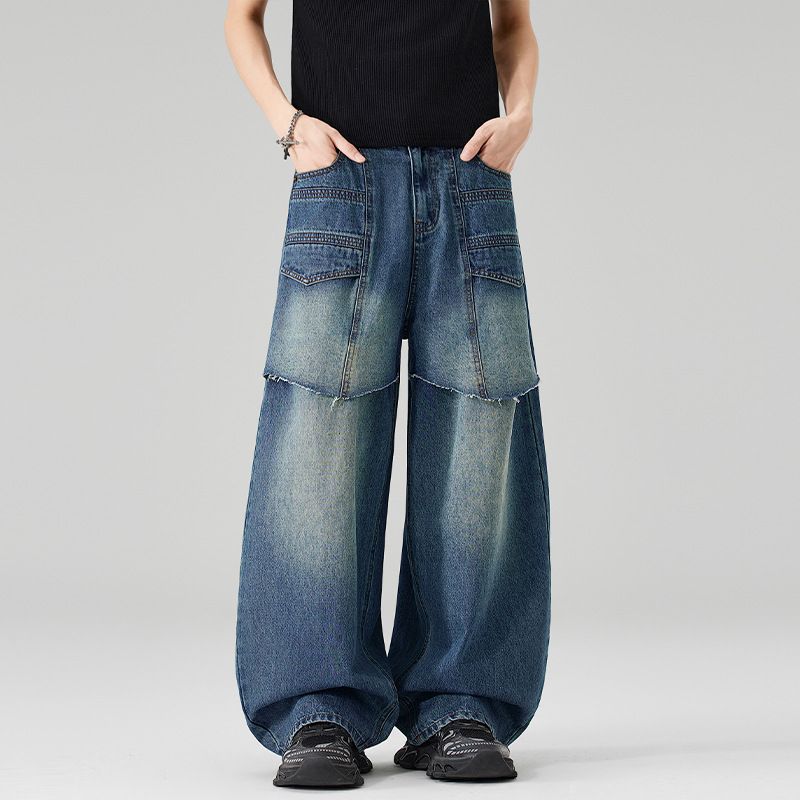 LKTM Men's Faux Two Piece Cutaway Jeans Casual Baggy Relaxed Fit Trendy Brand Denim Pants_mkmklike.com