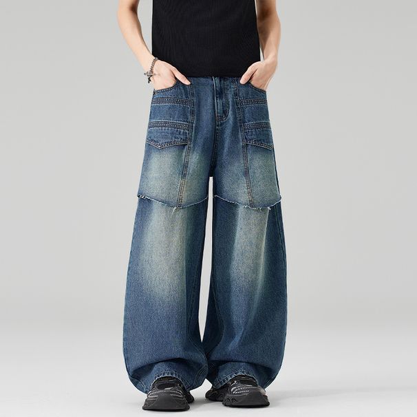 LKTM Men's Faux Two Piece Cutaway Jeans Casual Baggy Relaxed Fit Trendy Brand Denim Pants_mkmklike.com