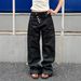 Unisex High Street Style American Retro Washed Raw Denim Black Irregular Button Jeans Straight Leg Loose Fit Trendy_mkmklike.com