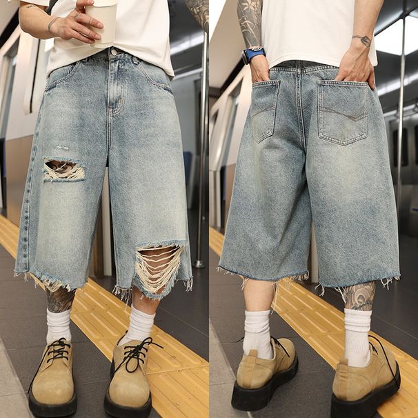 Men's Loose Fitting Ripped Jeans Trendy High Street Washed Distressed Wide Leg Cropped Blue Korean Style in Stock_mkmklike.com