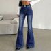 Women's High Waist Double Button Flared Jeans L1052 American Style Dark Blue Washed Slim Fit Floor Length Elastic Pants_mkmklike.com