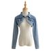 "Women's Cropped Denim Jacket - High Waist Shawl Collar Retro Style (Light Blue/Black Gray)"_mkmklike.com
