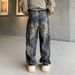 Distressed Denim Jeans For Men - Vintage Washed High Street Wide Leg Baggy Pants With Hand-Painted Details_mkmklike.com
