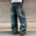 Men's American Style Deconstructed Washed Denim Jeans Loose Fit Straight Leg Distressed Heavyweight Wide Leg_mkmklike.com