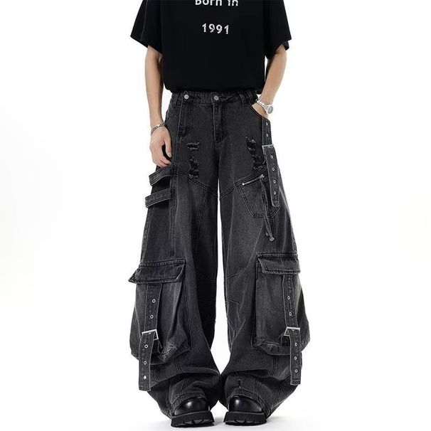 Men's Distressed Wide Leg Cargo Jeans - Heavyweight Denim With Multi-Pocket Design For Urban Streetwear Style_mkmklike.com