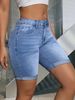 Women's Light Blue Denim Shorts Multi Layered Stretchy Slimming Versatile Mid Length Simple Folded Hem_mkmklike.com