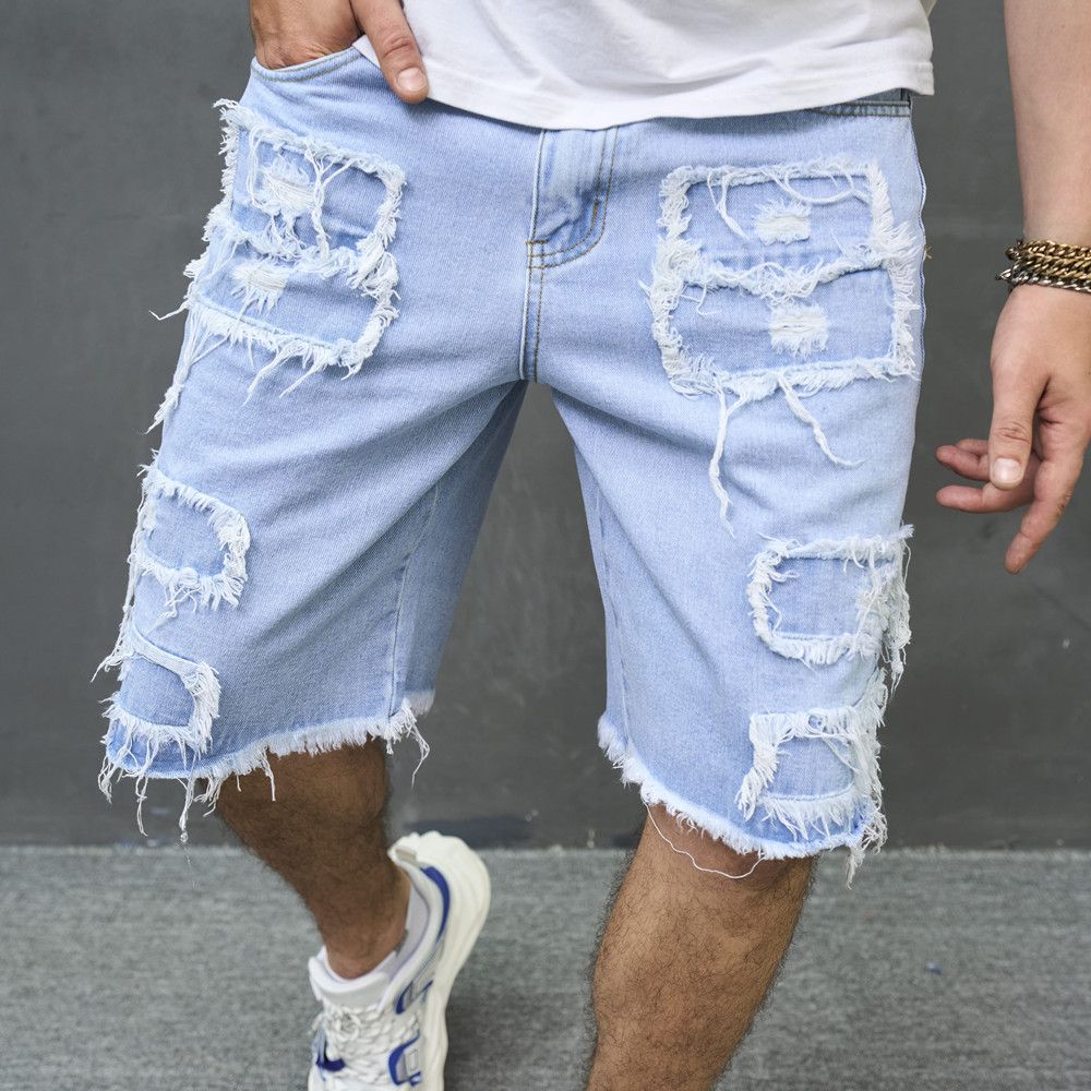 Men's Summer Casual Shorts - Ripped Hem Denim Cargo Shorts With Elastic Waist, Streetwear Fashion For Teens & Young Adults (XS-2XL)_mkmklike.com