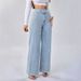 Women's High-Waisted Double Button Elastic Waist Wide Leg Jeans Light Blue Washed Casual Trousers_mkmklike.com