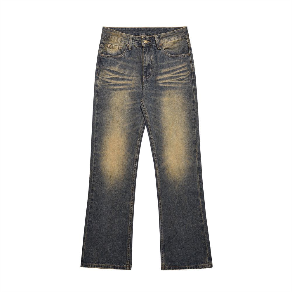 Washed Yellowing Crease Wide-Leg Jeans Men's High Street Versatile Loose Niche Straight Long Dad Pants Trendy_mkmklike.com