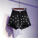 Embellished Denim Shorts Stylish Beaded High-Waisted Casual Shorts ( Cotton-Poly Blend, Distressed Hem & Rhinestone Accents, Comfortable Loose Fit)_mkmklike.com