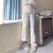 Stylish Light-colored Embroidered Loose Straight-leg Jeans For Women, New Spring Model, High-waisted, Slimming, Drapey,_mkmklike.com