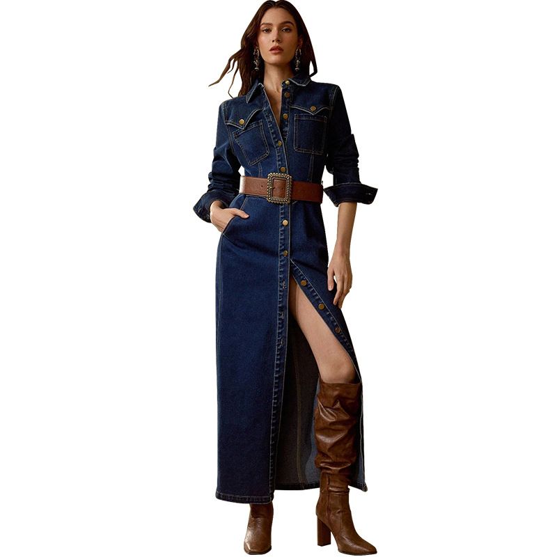 K Women's Long Sleeved Breasted Fashionable Long Dress. Excluding Belt_mkmklike.com