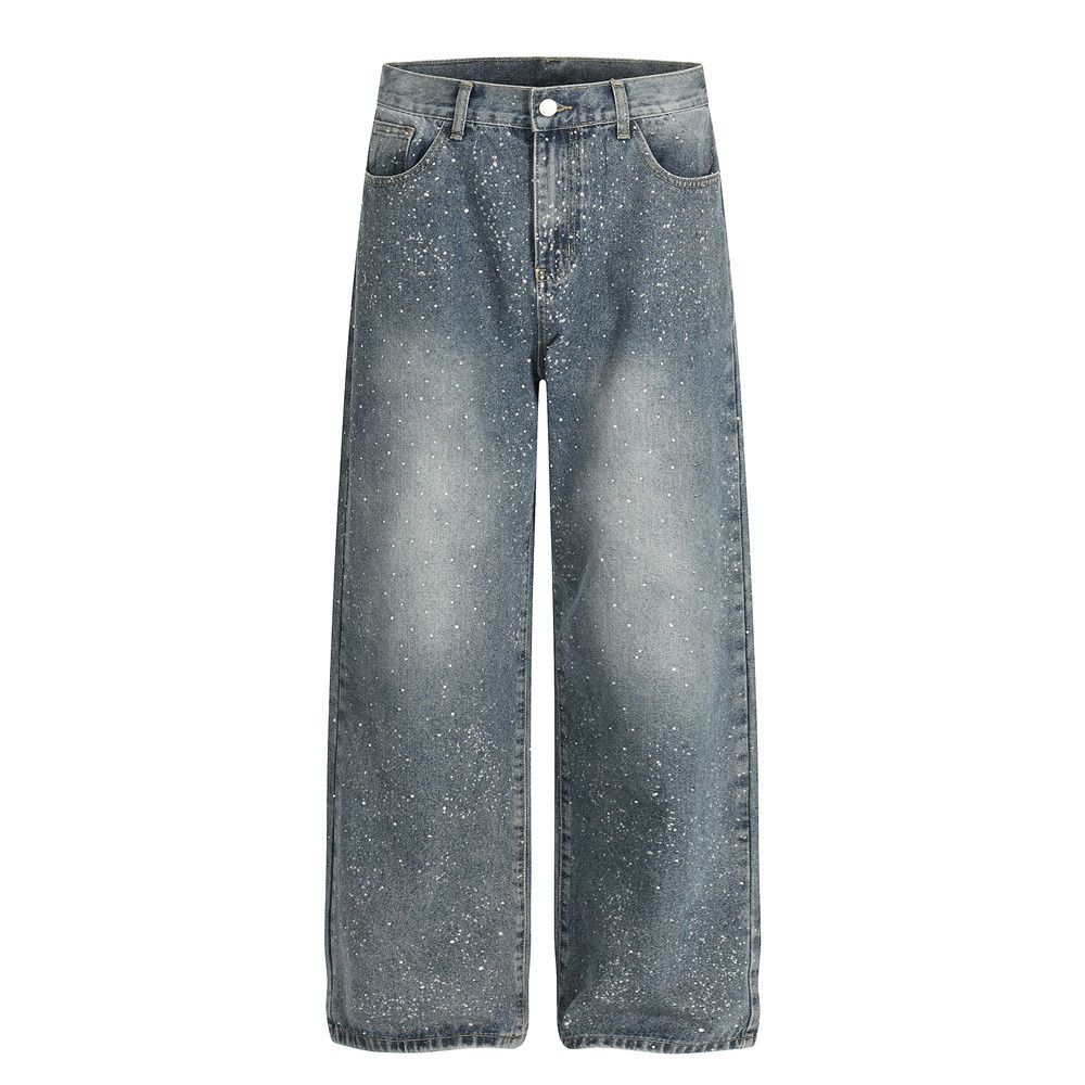 Gypsophila Rhinestone Washed Vintage Denim Straight Pants Loose Casual Men's Street Fashion American Style Wide-Leg_mkmklike.com