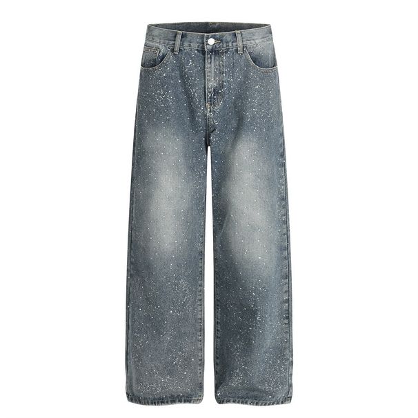 Gypsophila Rhinestone Washed Vintage Denim Straight Pants Loose Casual Men's Street Fashion American Style Wide-Leg_mkmklike.com