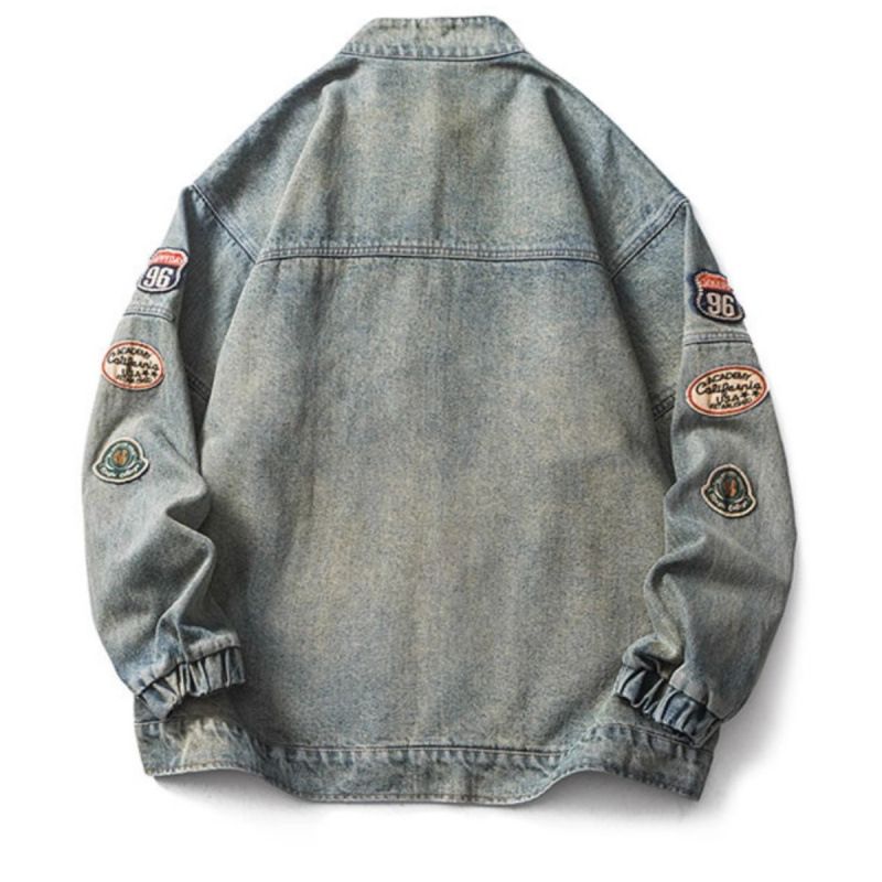 Motorcycle Style Denim Jacket, Washed And Worn, Embroidered Loose Retro High Street Jacket, Top_mkmklike.com