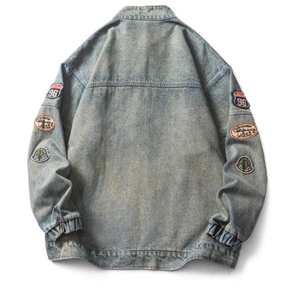 Motorcycle Style Denim Jacket, Washed And Worn, Embroidered Loose Retro High Street Jacket, Top_mkmklike.com