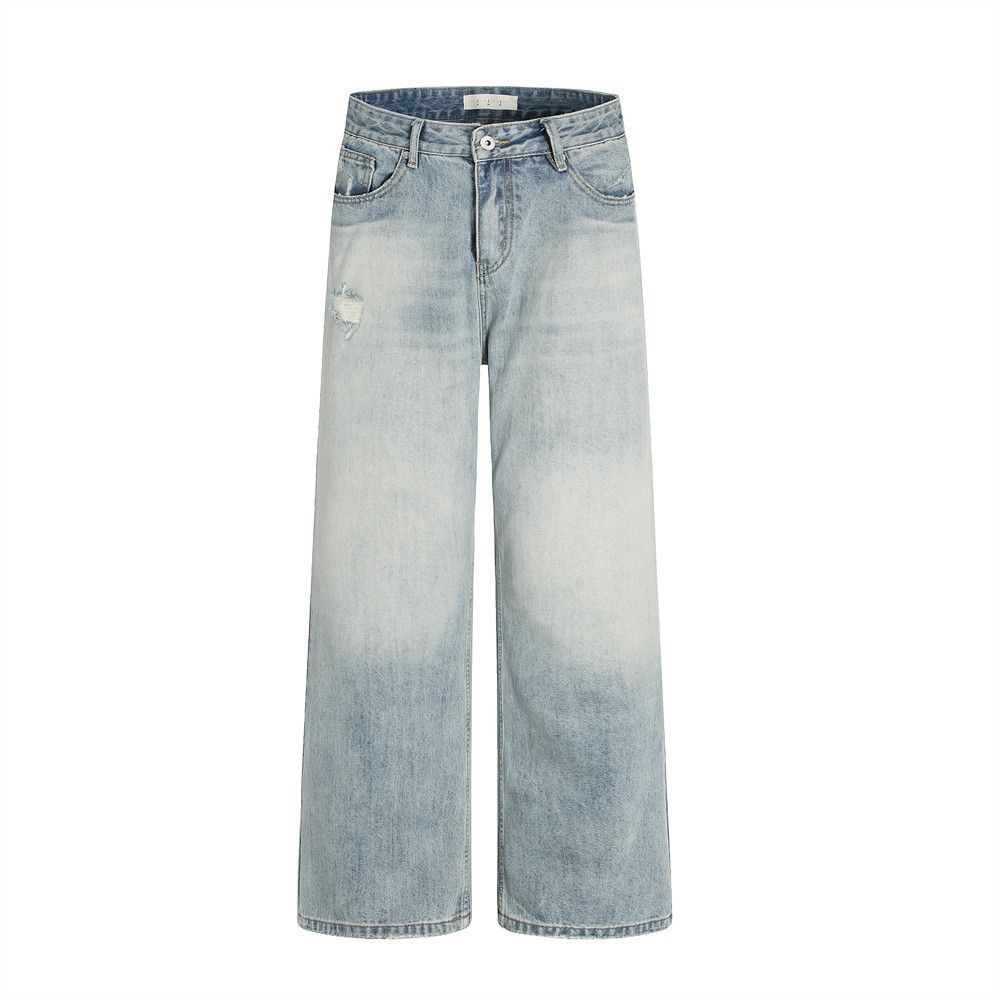 American Style Washed Ripped Jeans Men's Casual Straight Long Street Fashion Distressed Loose Wide-Leg Pants_mkmklike.com