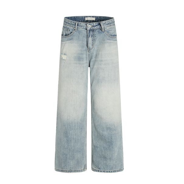 American Style Washed Ripped Jeans Men's Casual Straight Long Street Fashion Distressed Loose Wide-Leg Pants_mkmklike.com