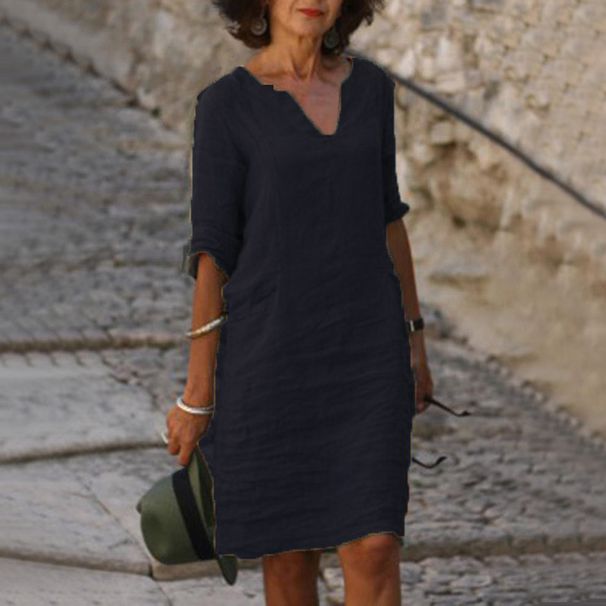 Women's cotton and linen small V-neck stitching retro solid color cropped sleeve dress women_mkmklike.com