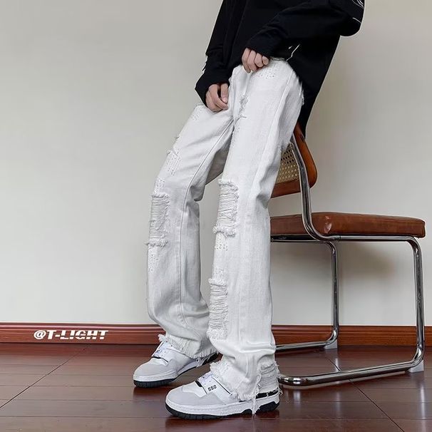 Ripped Rough Edge Slightly Pulled Jeans Men's Autumn American Trendy Brand Vibe Style Pants Advanced Sense Slim And Thin Trousers_mkmklike.com