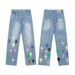 Original Shibuya Limited Washed Loose Straight Colorful Embroidered Lightning Jeans For Men And Women_mkmklike.com