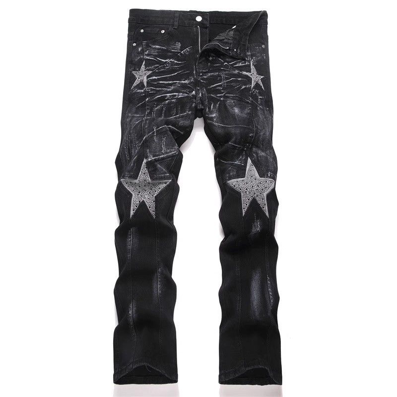Unisex Retro Flared Jeans Five-Pointed Star Rhinestone Detail Loose Fit American High Street Style Trendy Painted Design_mkmklike.com