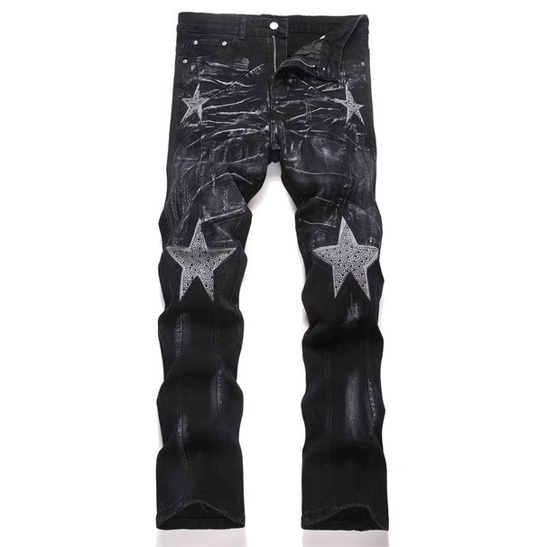 Unisex Retro Flared Jeans Five-Pointed Star Rhinestone Detail Loose Fit American High Street Style Trendy Painted Design_mkmklike.com