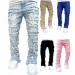 Mens Streetwear Ripped Jeans Fashionable Cool Stretch Pink Stacked Edge Denim Mens Y2K Punk Patch Work Hip-hop Pants_mkmklike.com