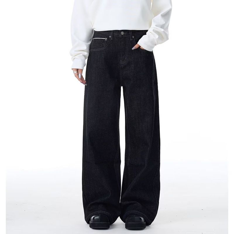 "Unisex Vintage Washed Wide Leg Jeans, Retro High Waisted Straight Denim Pants With Curved Hem & Distressed Details, 90s Streetwear Baggy Trousers"_mkmklike.com