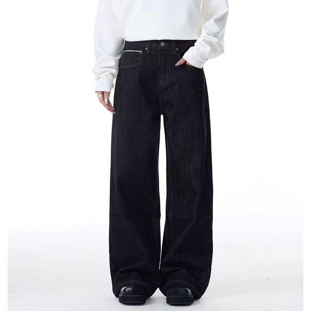 "Unisex Vintage Washed Wide Leg Jeans, Retro High Waisted Straight Denim Pants With Curved Hem & Distressed Details, 90s Streetwear Baggy Trousers"_mkmklike.com