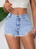 Women's Pearl-Embellished Denim Shorts – Classic Mid-Rise Straight Cut For Casual & Office Wear (Medium Blue/Light Blue, S-XL)_mkmklike.com