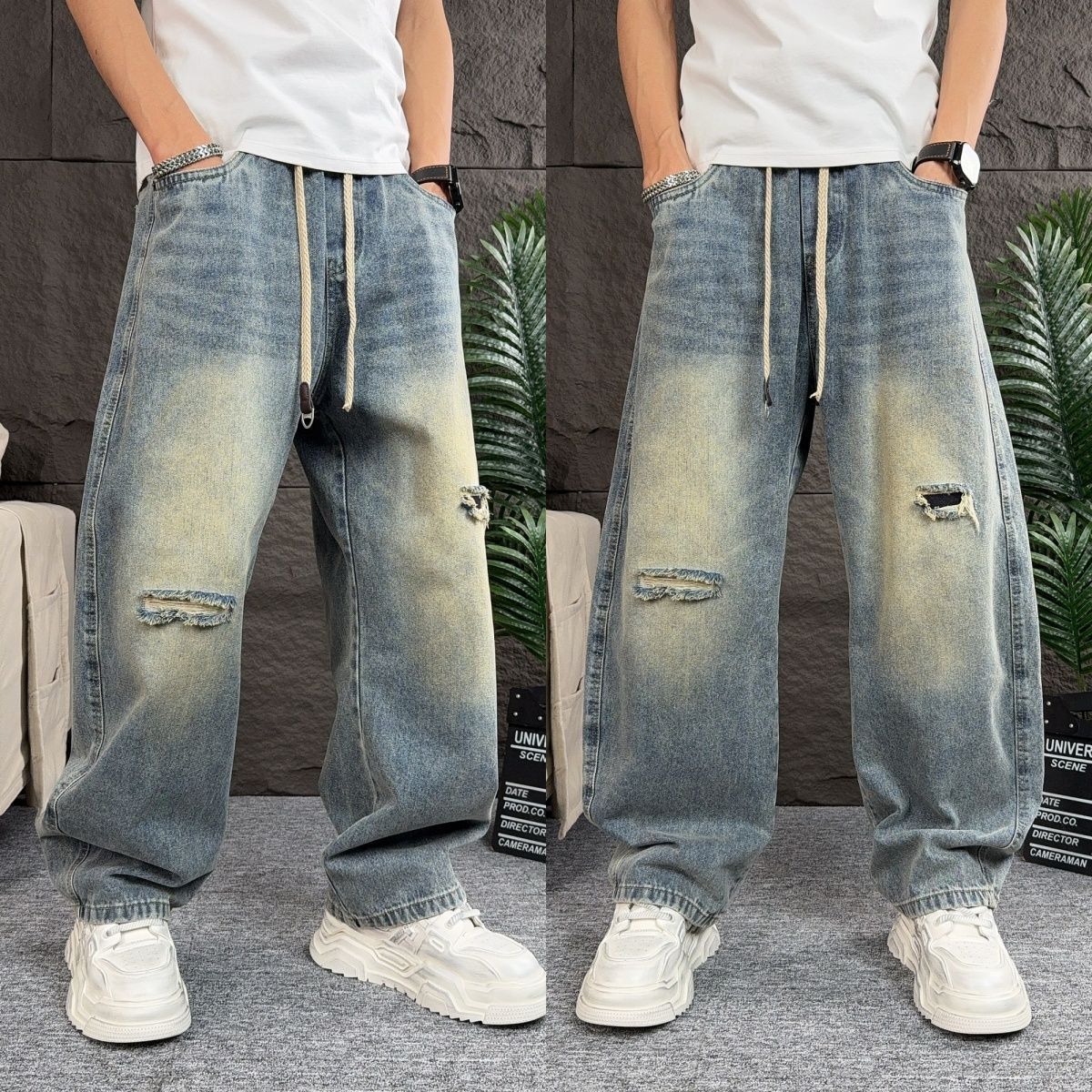 Men's Distressed Denim Jeans – Grunge Straight-Leg Pants With Vintage Wash (Blue, M-Xxxl) Retro Washed Finish_mkmklike.com