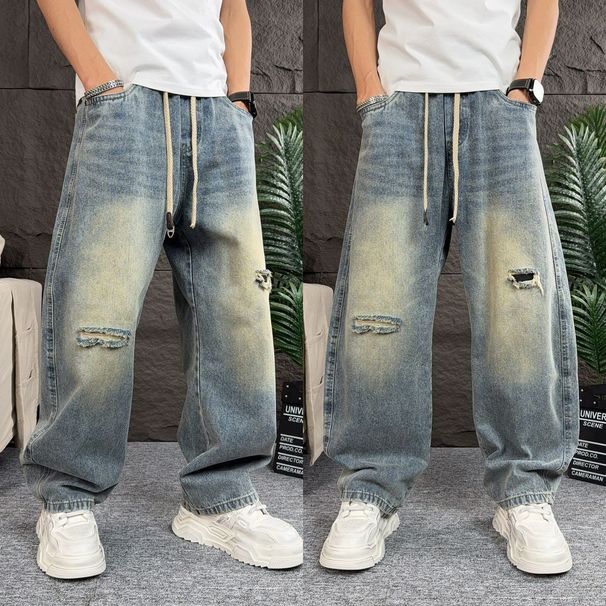 Men's Distressed Denim Jeans – Grunge Straight-Leg Pants With Vintage Wash (Blue, M-Xxxl) Retro Washed Finish_mkmklike.com