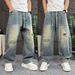 Men's Distressed Denim Jeans – Grunge Straight-Leg Pants With Vintage Wash (Blue, M-Xxxl) Retro Washed Finish_mkmklike.com