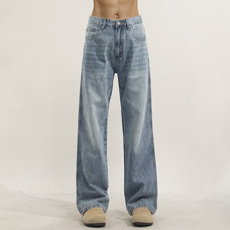 Men's Vintage Light Wash Blue Jeans Flared Trousers, Relaxed Fit Bootcut Denim Pants With Distressed Details, High Waist Wide Leg Streetwear_mkmklike.com