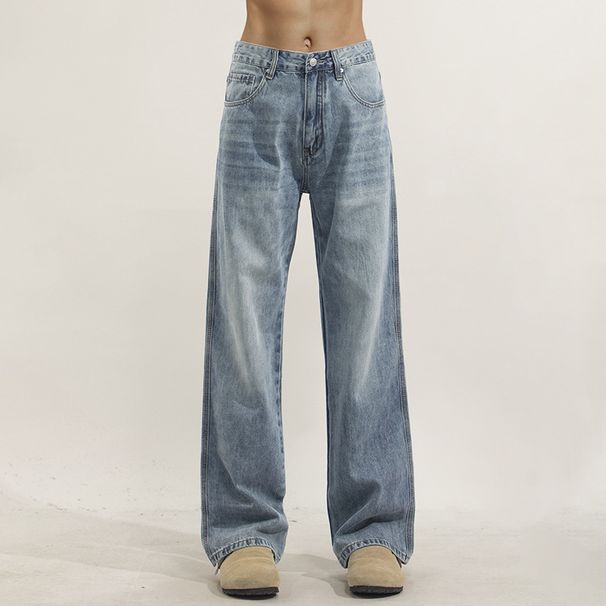 Men's Vintage Light Wash Blue Jeans Flared Trousers, Relaxed Fit Bootcut Denim Pants With Distressed Details, High Waist Wide Leg Streetwear_mkmklike.com