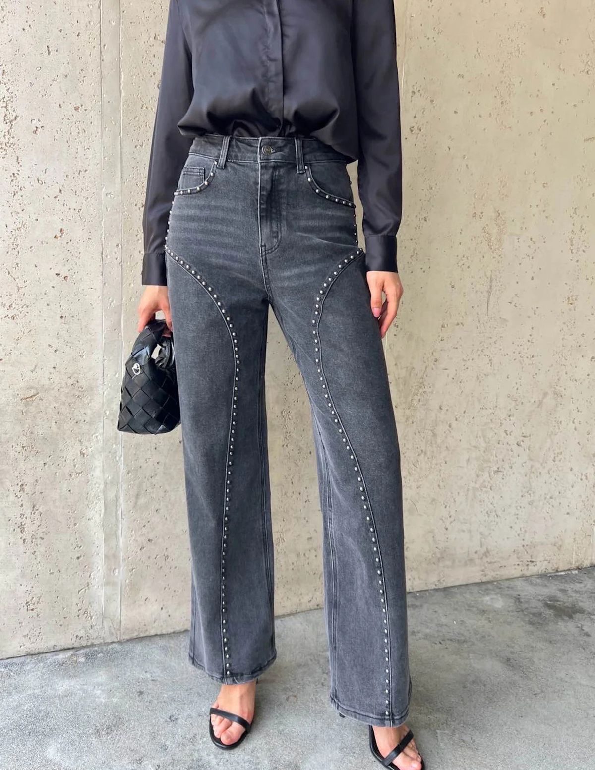 Rhinestone-Embellished High-Waist Straight Leg Jeans – Trendy Streetwear Denim Pants For Women & Men (Cotton Blend, Blue/Black-Grey)_mkmklike.com
