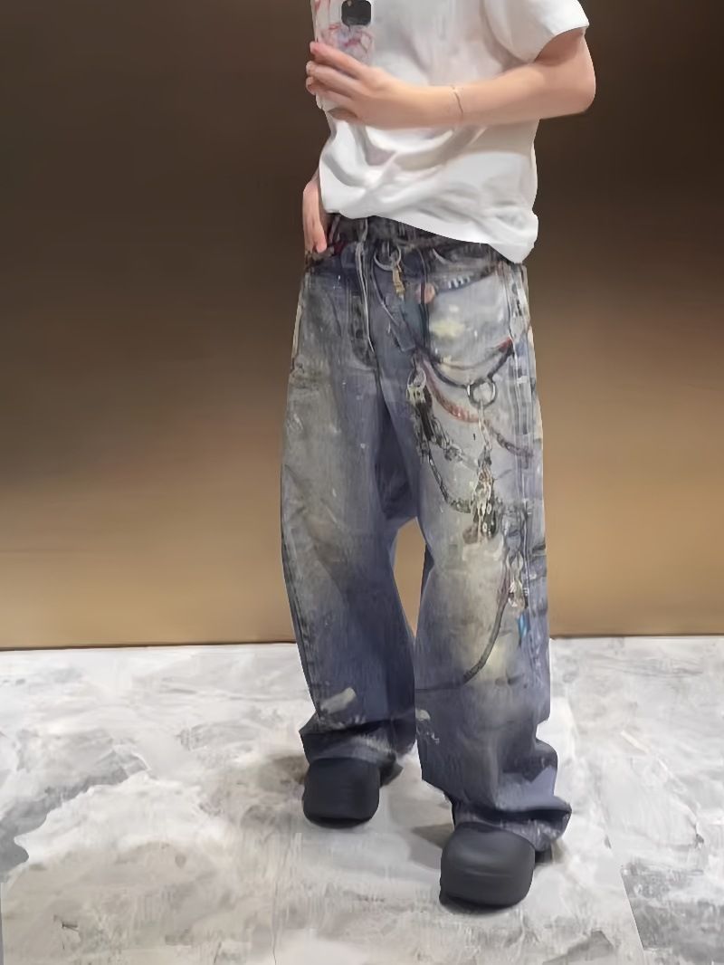 Men's Clothing Loose Casual Straight Pants Denim Print Washed Pants_mkmklike.com